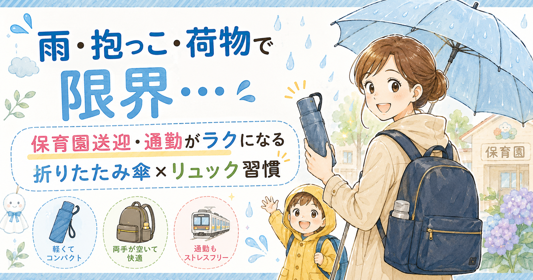 【雨の日の保育園送迎】折りたたみ傘×リュックで通勤がラクに｜ワーママの雨対策