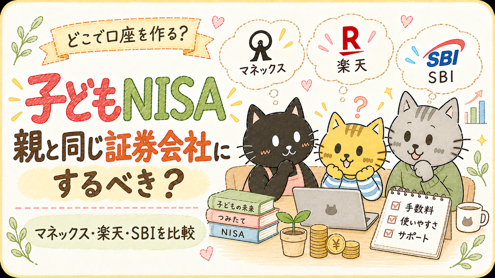 【子どもNISA】親と同じ証券会社にするべき？マネックス・楽天・SBIを比較